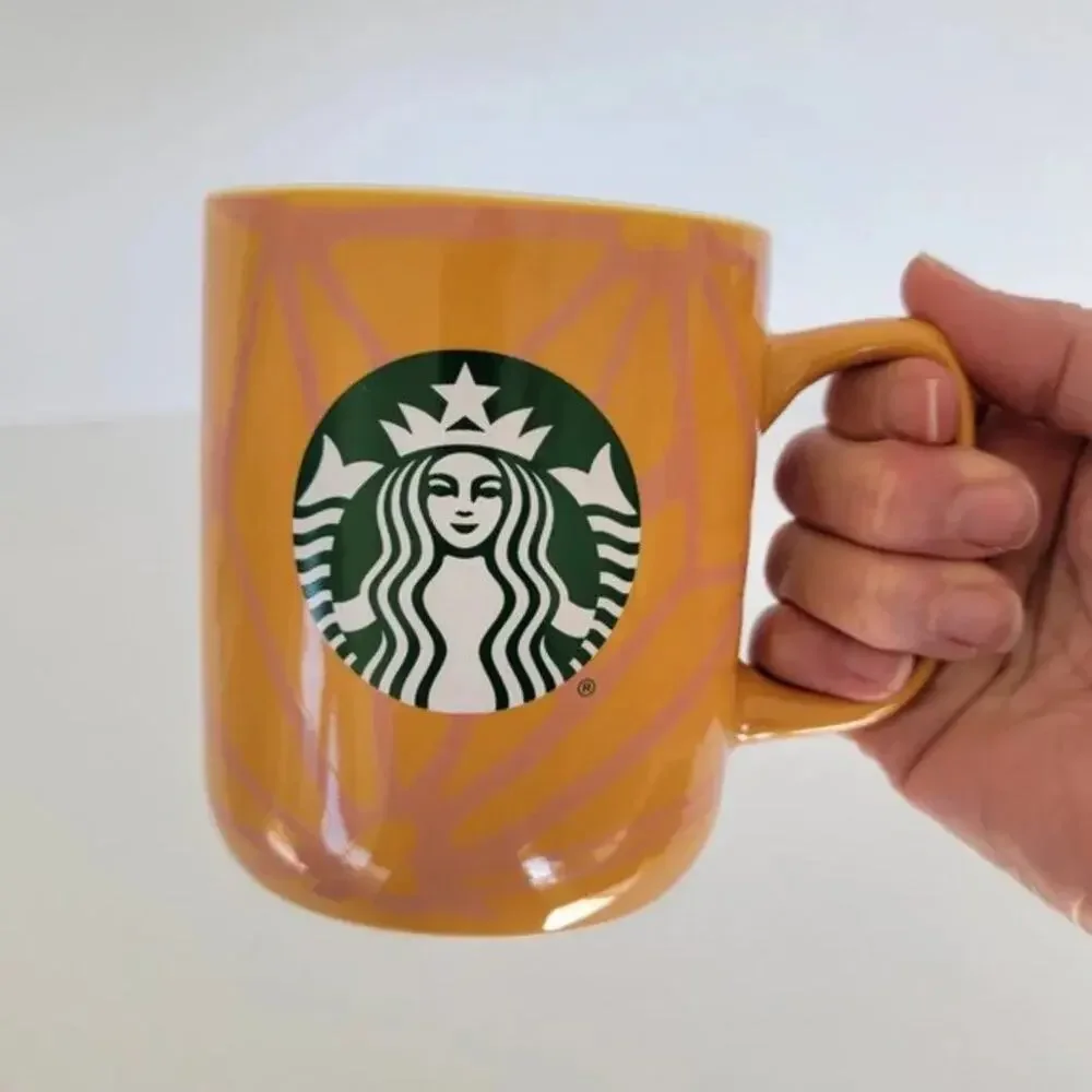 Starbucks 2021 Retro Geometric Ceramic Mug Orange Pink 15 oz Coffee Tea Cup
